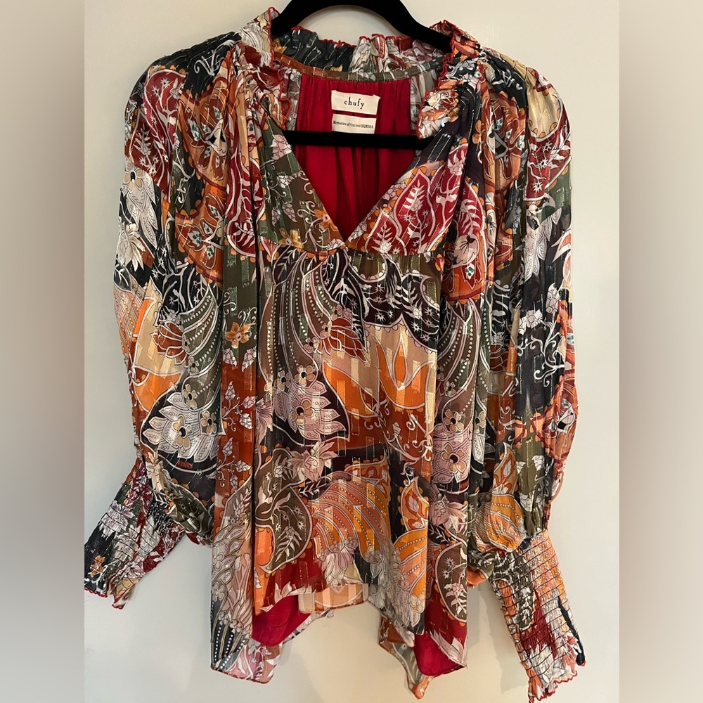 Chufy Multicolor Paisley V-Neck Blouse — Orange, Olive, Black, Cream